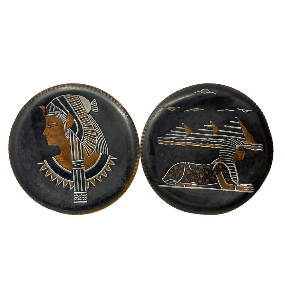 Pair 2 Copper Etched Handmade Egypt Pyramids Cleopatra and King Tut Sphinx  1968
